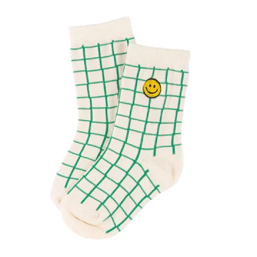 Miki Miette Ankle Socks Green Grid with Smileface