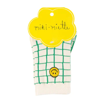 Miki Miette Ankle Socks Green Grid with Smileface
