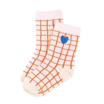 Miki Miette Ankle Socks Red Grid with Heart