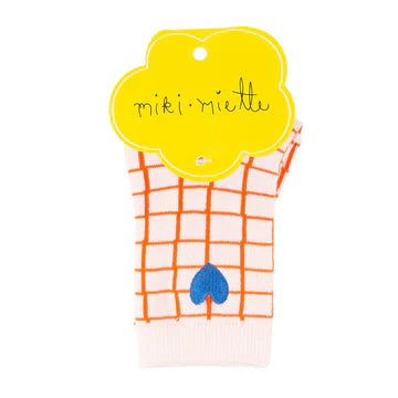 Miki Miette Ankle Socks Red Grid with Heart