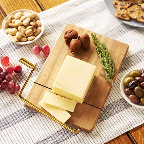 10" Acacia Cheese Slicing Board w/ Gold-Handled Wire Slicer