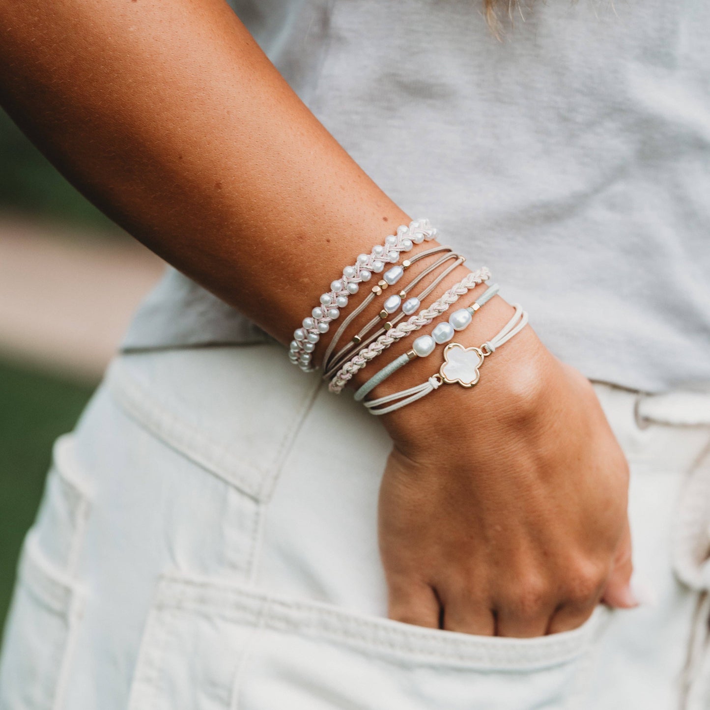 K'lani "Glimmer" Soft Pinks with Pearl and Gold Accent Hair Tie Bracelets