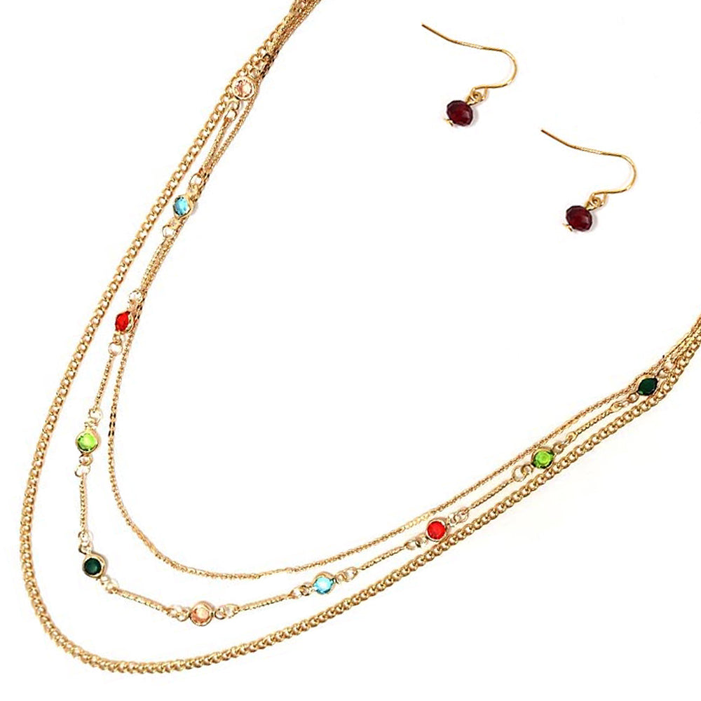 3 Layer Multi Stone Necklace & Earrings