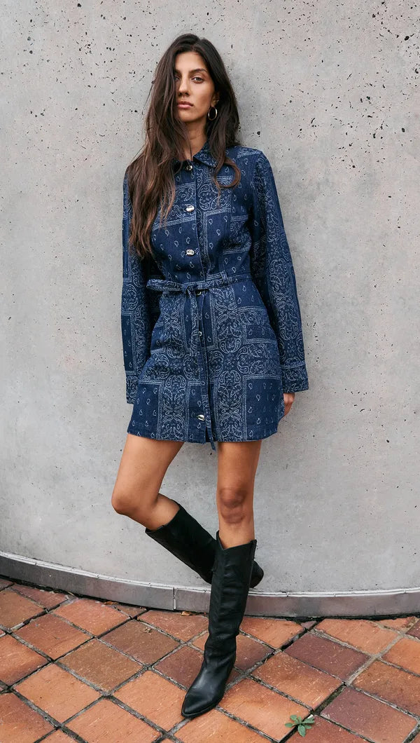 MINKPINK Delphi Paisley Jacquard Denim Dress L