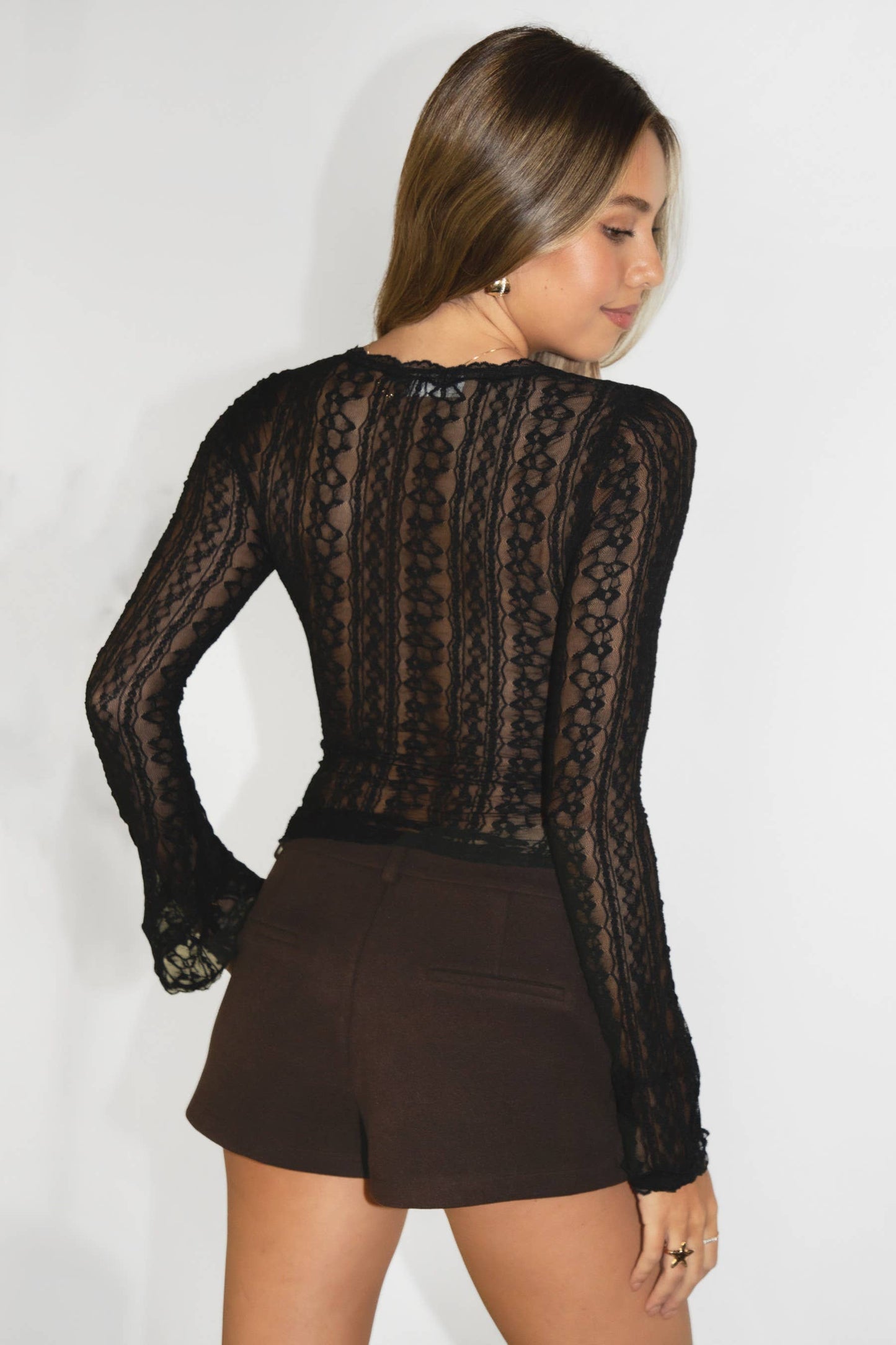 Arlette Scalloped V-Neck L/S Sheer Lace Top