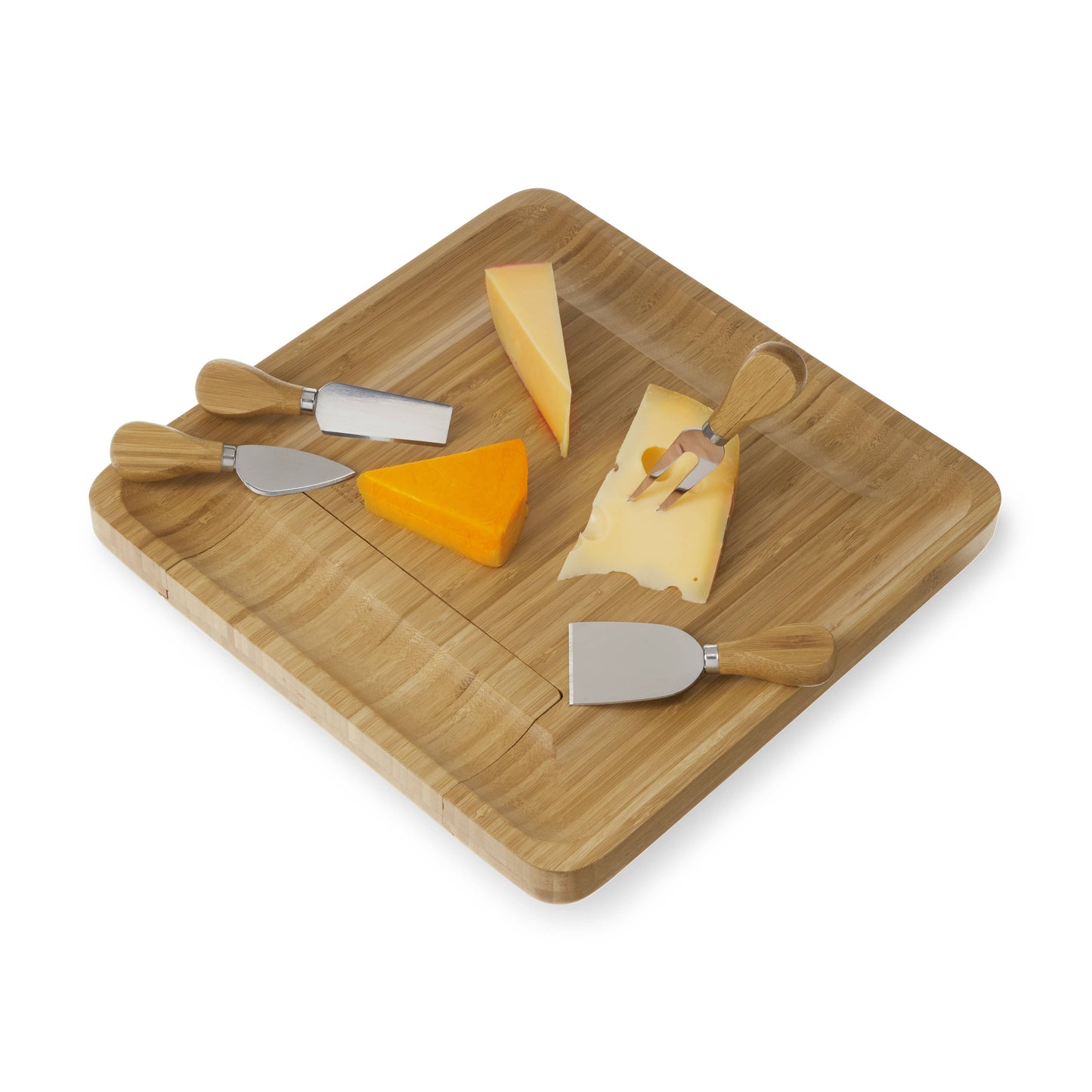 13" Bamboo Cheese Board & Knife Set w/ Storage- Set of 5