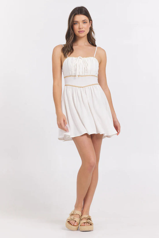 Load image into Gallery viewer, Vintage Havana White Mini Dress w/ Tan Whip Stitch
