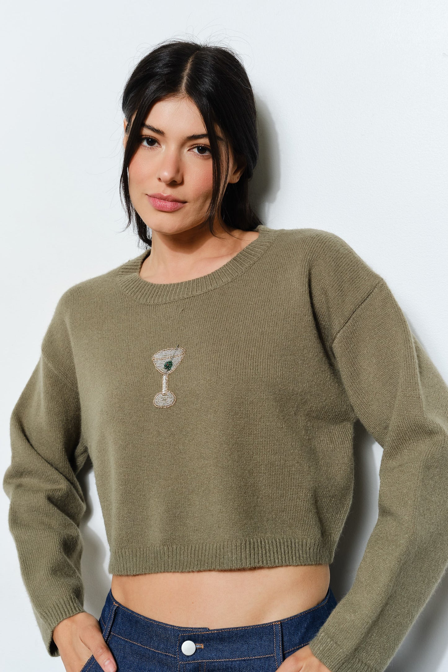 Addison Beaded Martini Sweater Olive