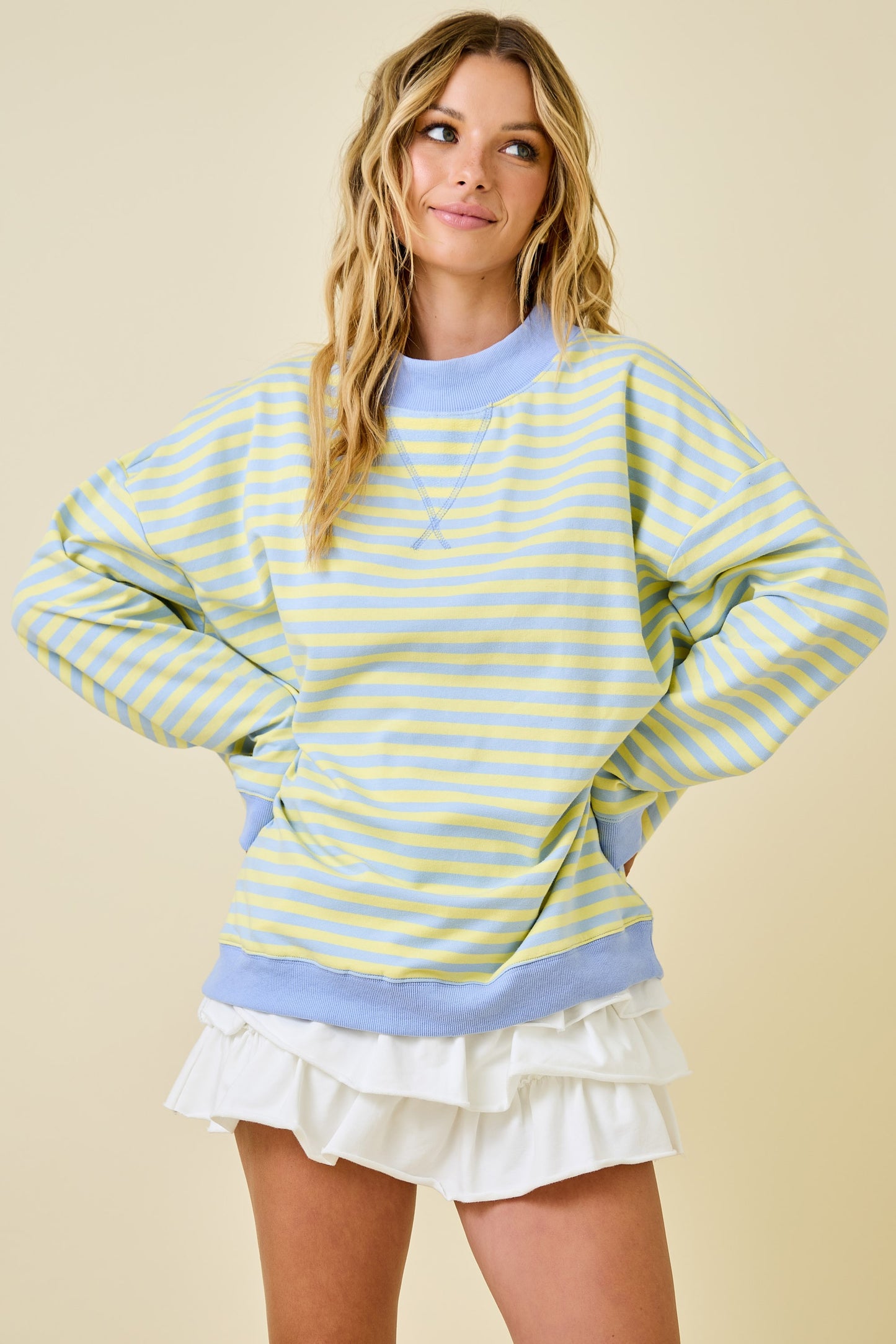 Madelynn Mockneck Stripe Knit Top Blue/Lemon