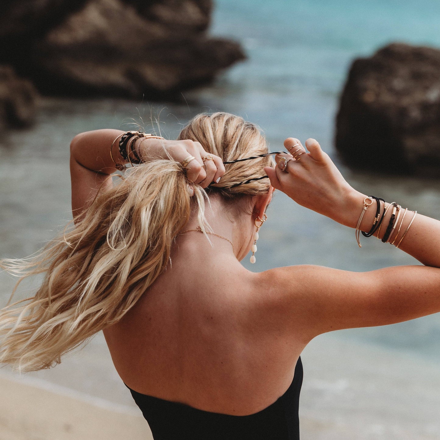 K'lani "Connect" Black and Cream with Gold Accent Hair Tie Bracelets