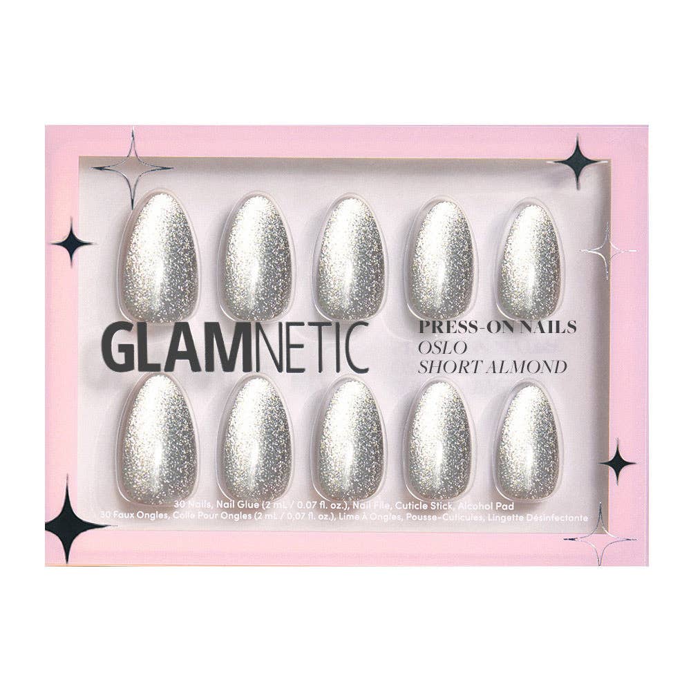 Glamnetic Oslo Press-On Nails|Short Almond Silver Glossy Holiday Nails