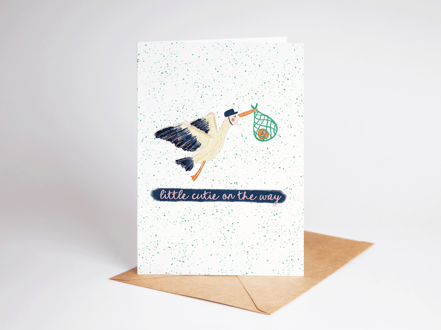 Little Cutie On the Way Stork Orange New Baby Card