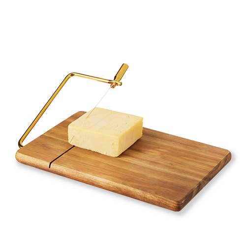 10" Acacia Cheese Slicing Board w/ Gold-Handled Wire Slicer