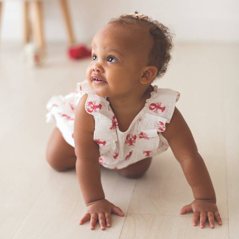 Sleeveless Bubble Romper with Ruffles - Lobster