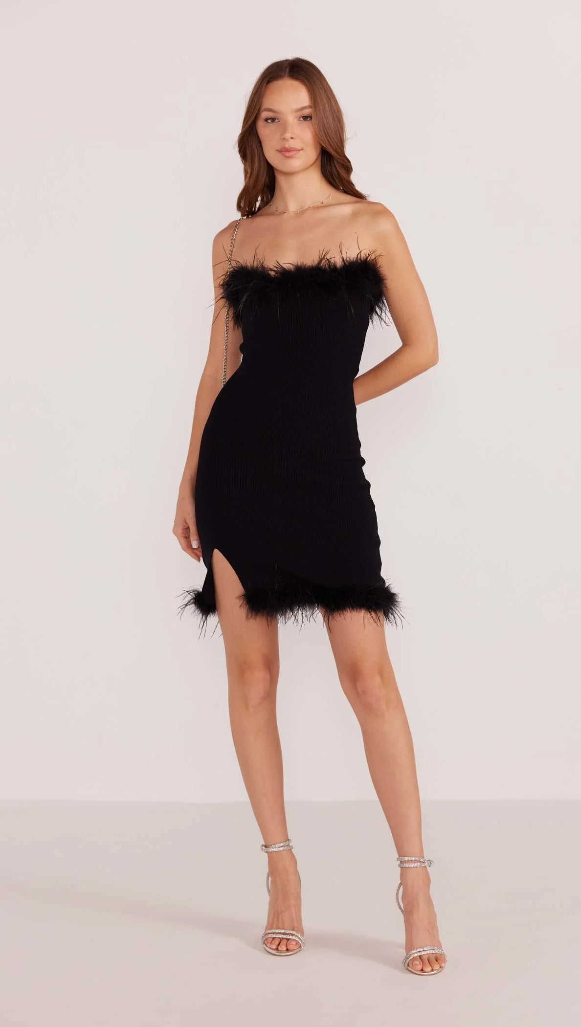 Mink Pink Aster Feather Trim Mini Dress