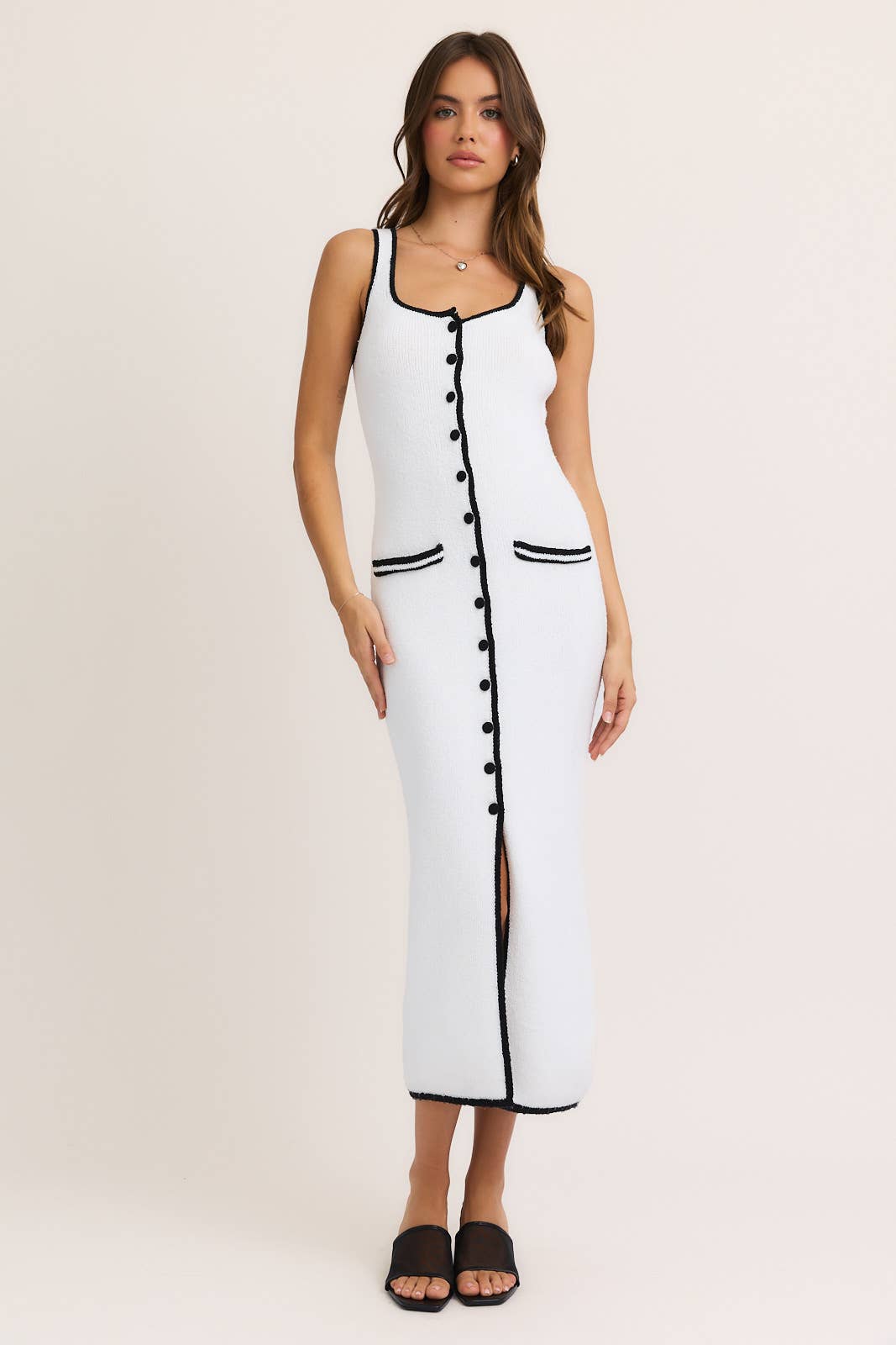 BUTTON UP SLEEVELESS MAXI KNIT DRESS