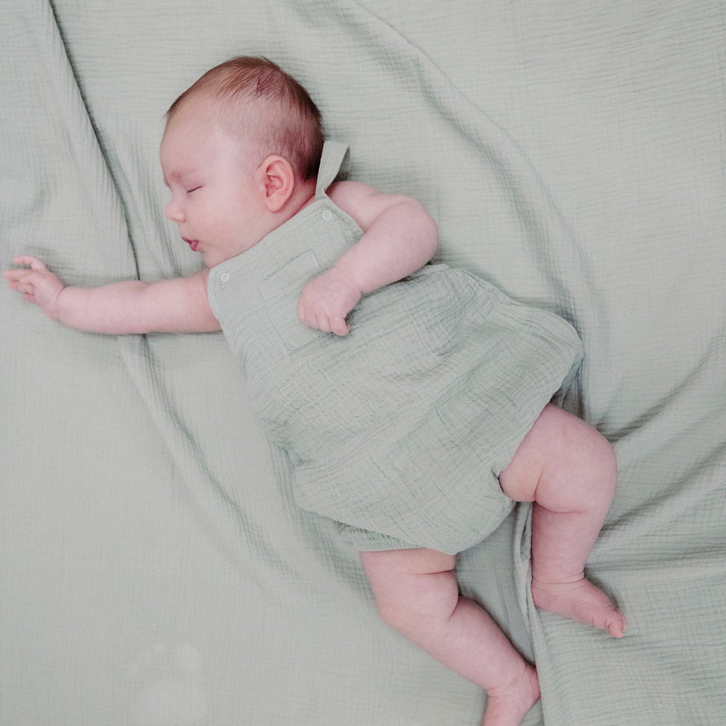Angel Dear Solid Muslin Desert Green Pocket Sunsuit