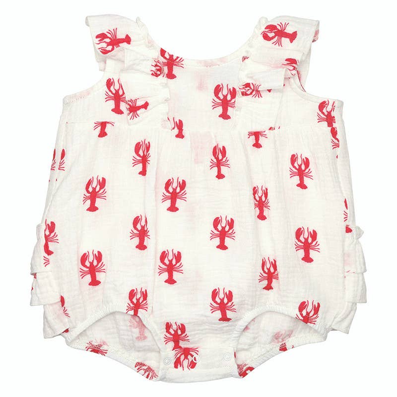 Sleeveless Bubble Romper with Ruffles - Lobster