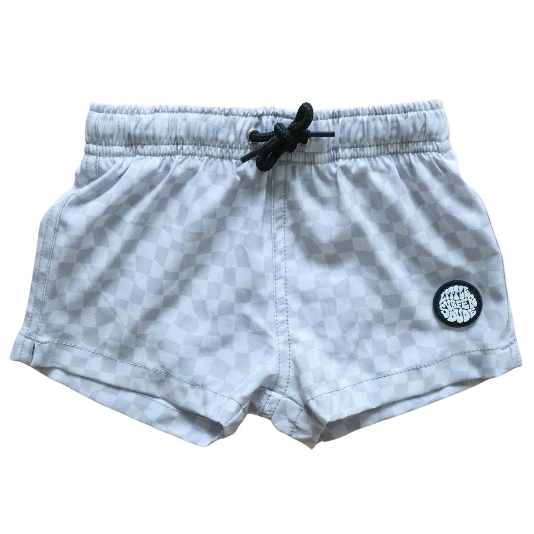 The Little Surfer Dude Light Grey Checkered Swim Trunks