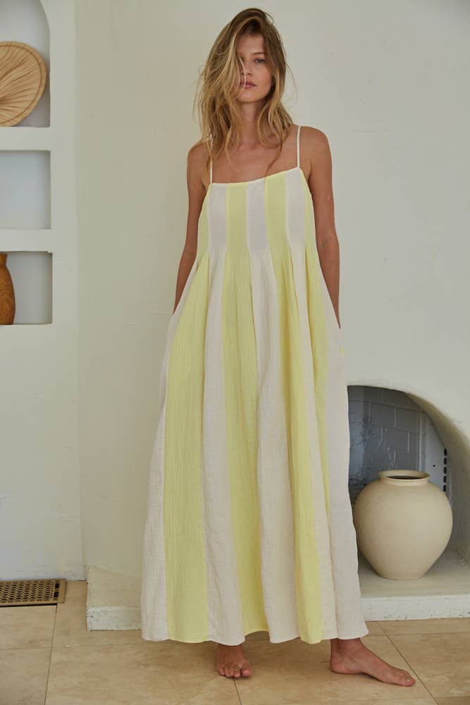 Zabina Cotton Gauze Striped Cami Pintuck Midi Dress