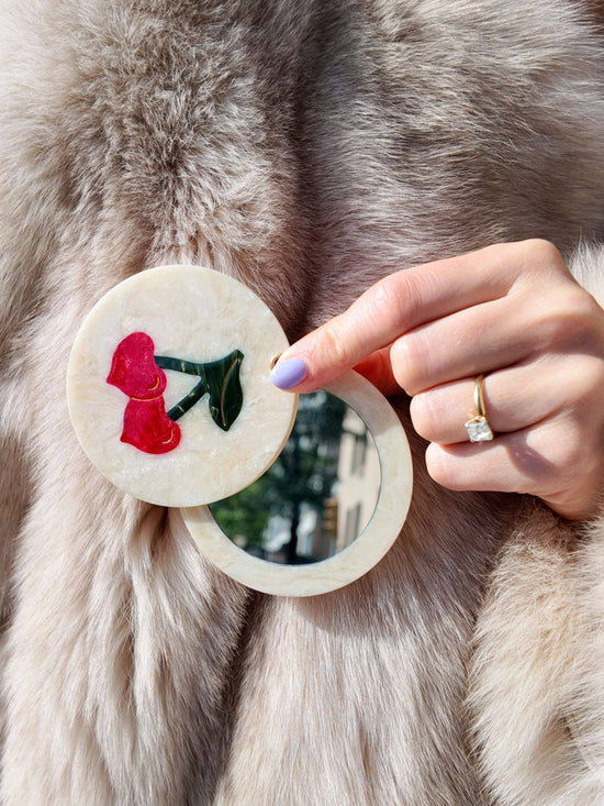 Solar Eclipse Hand-painted Cherry Hearts Compact Mirror