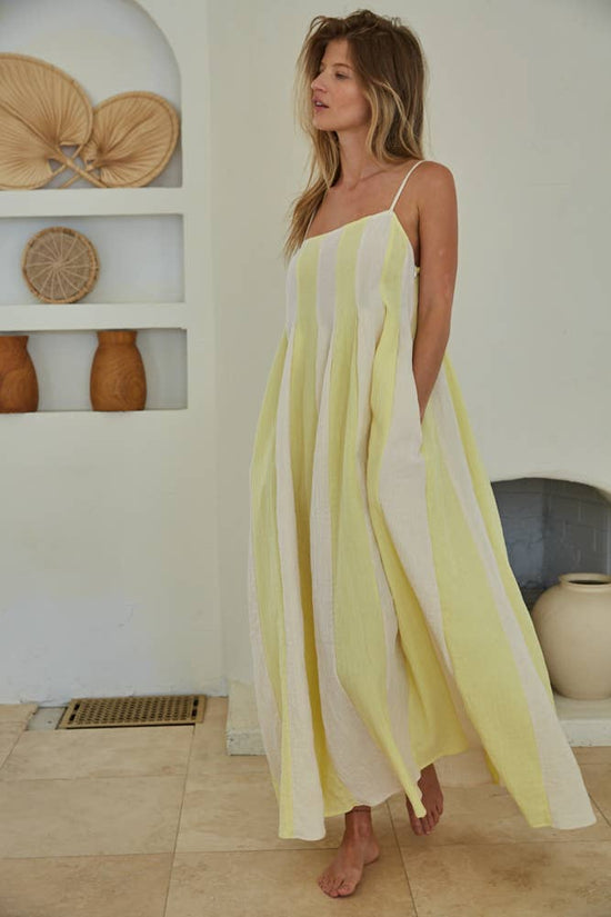 Zabina Cotton Gauze Striped Cami Pintuck Midi Dress