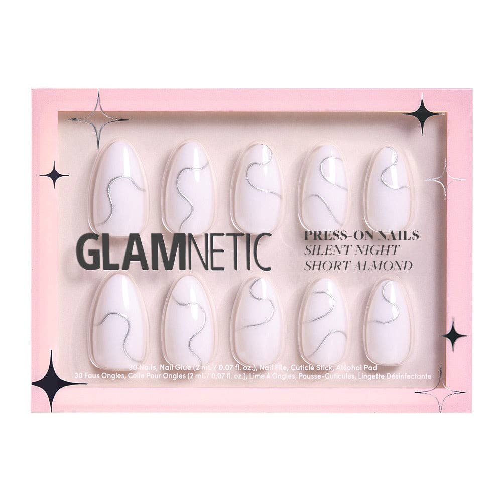 Glamnetics Silent Night Press-On Nails | Short Almond | Silver Swirl