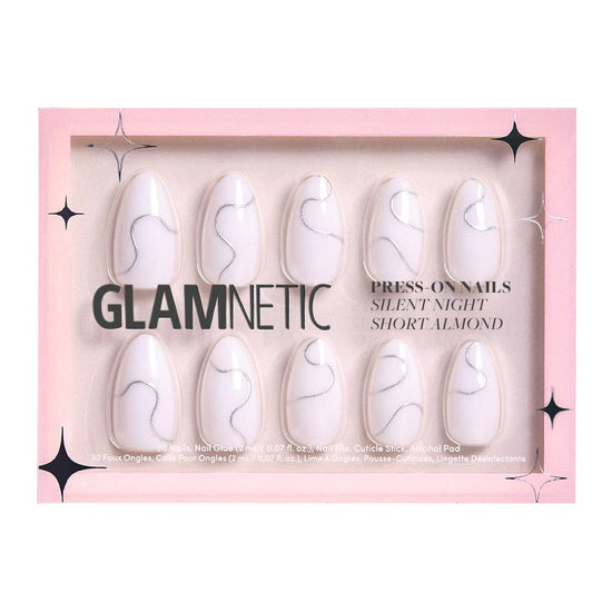 Glamnetics Silent Night Press-On Nails | Short Almond | Silver Swirl