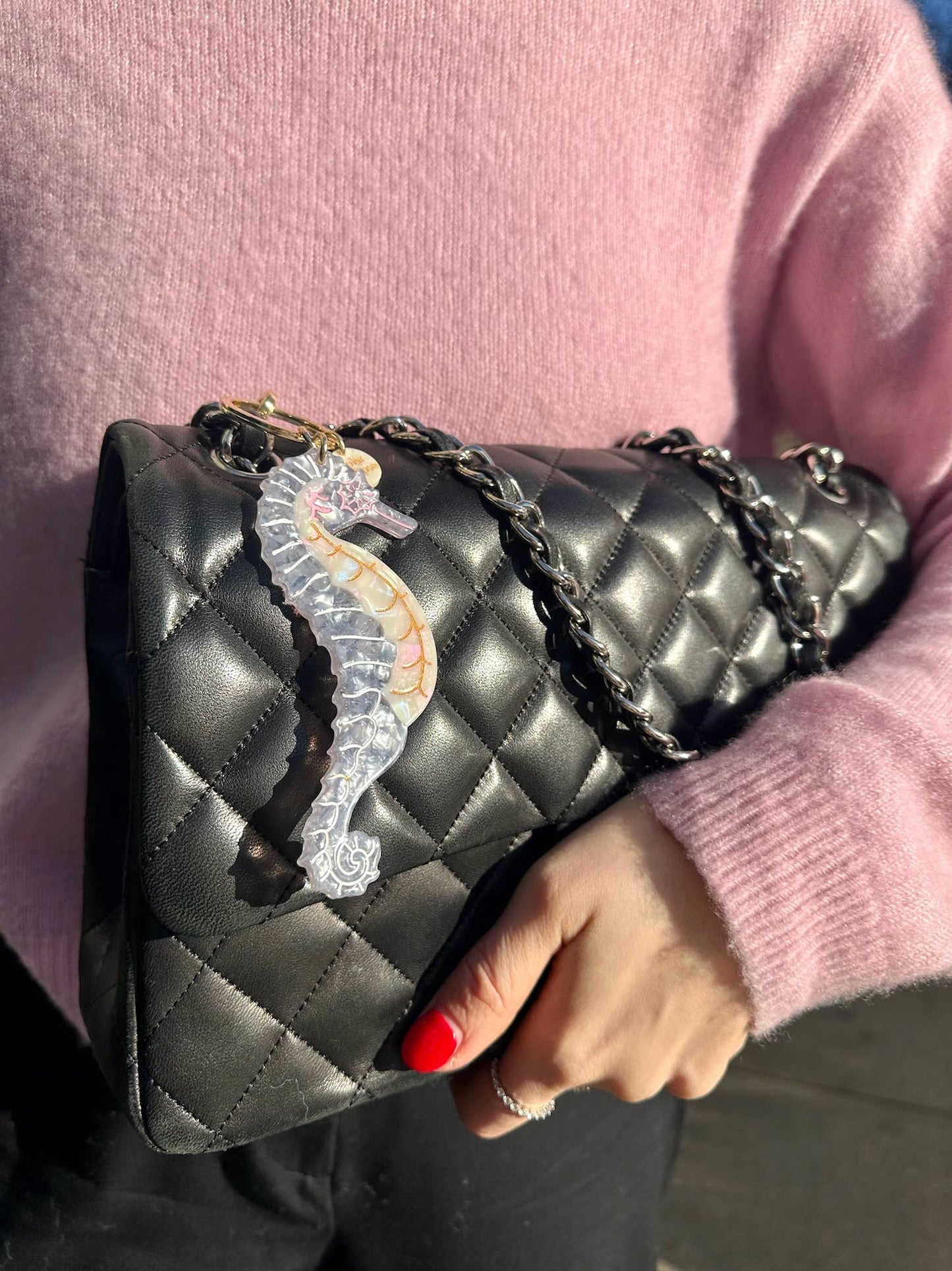 Solar Eclipse Hand-painted Seahorse Bag Charm + Keychain | Eco-Friendly