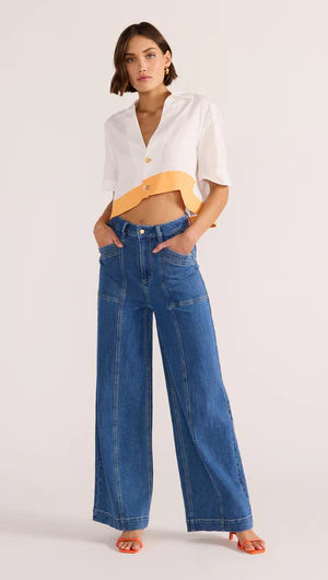 Load image into Gallery viewer, MINKPINK Alora Wave Crop Shirt White &amp;amp; Orange
