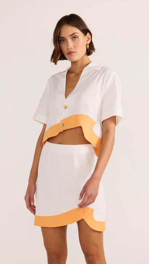 Load image into Gallery viewer, MINKPINK Alora Wave Mini Skirt White &amp;amp; Orange
