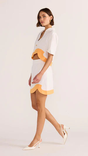 Load image into Gallery viewer, MINKPINK Alora Wave Mini Skirt White &amp;amp; Orange
