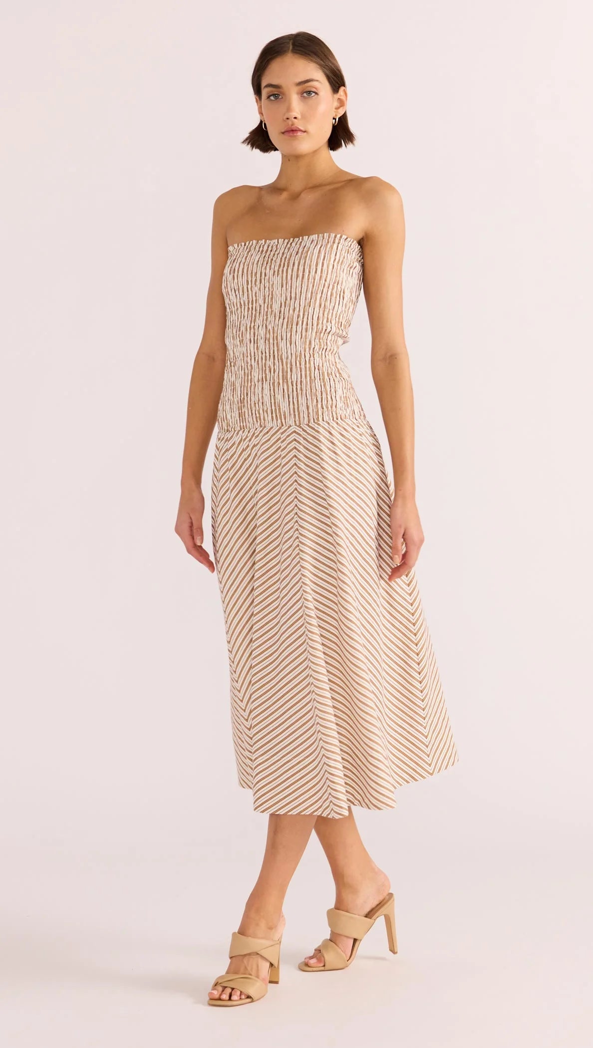 MINKPINK Artemis Shirred Midi Dress Tan Stripe