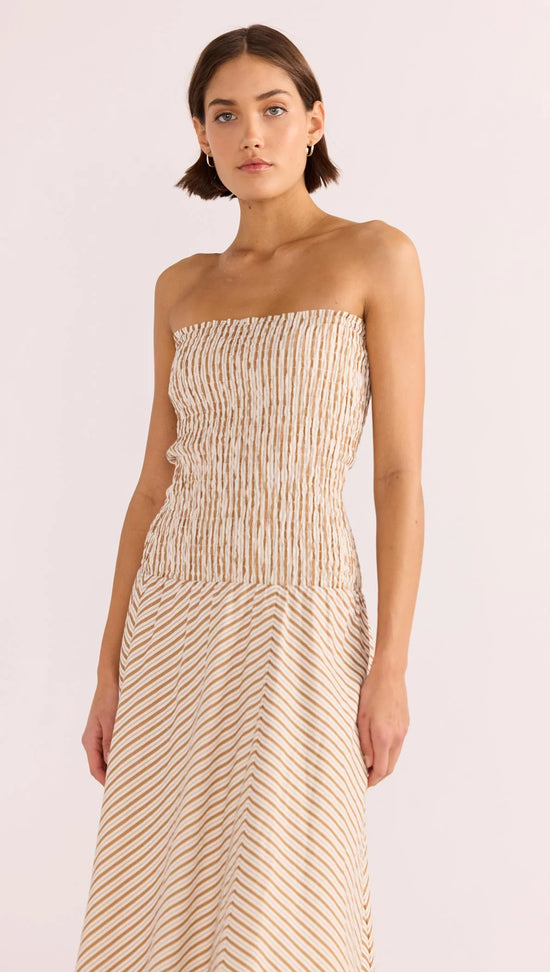MINKPINK Artemis Shirred Midi Dress Tan Stripe Large MINKPINK Artemis Shirred Midi Dress Tan Stripe Large