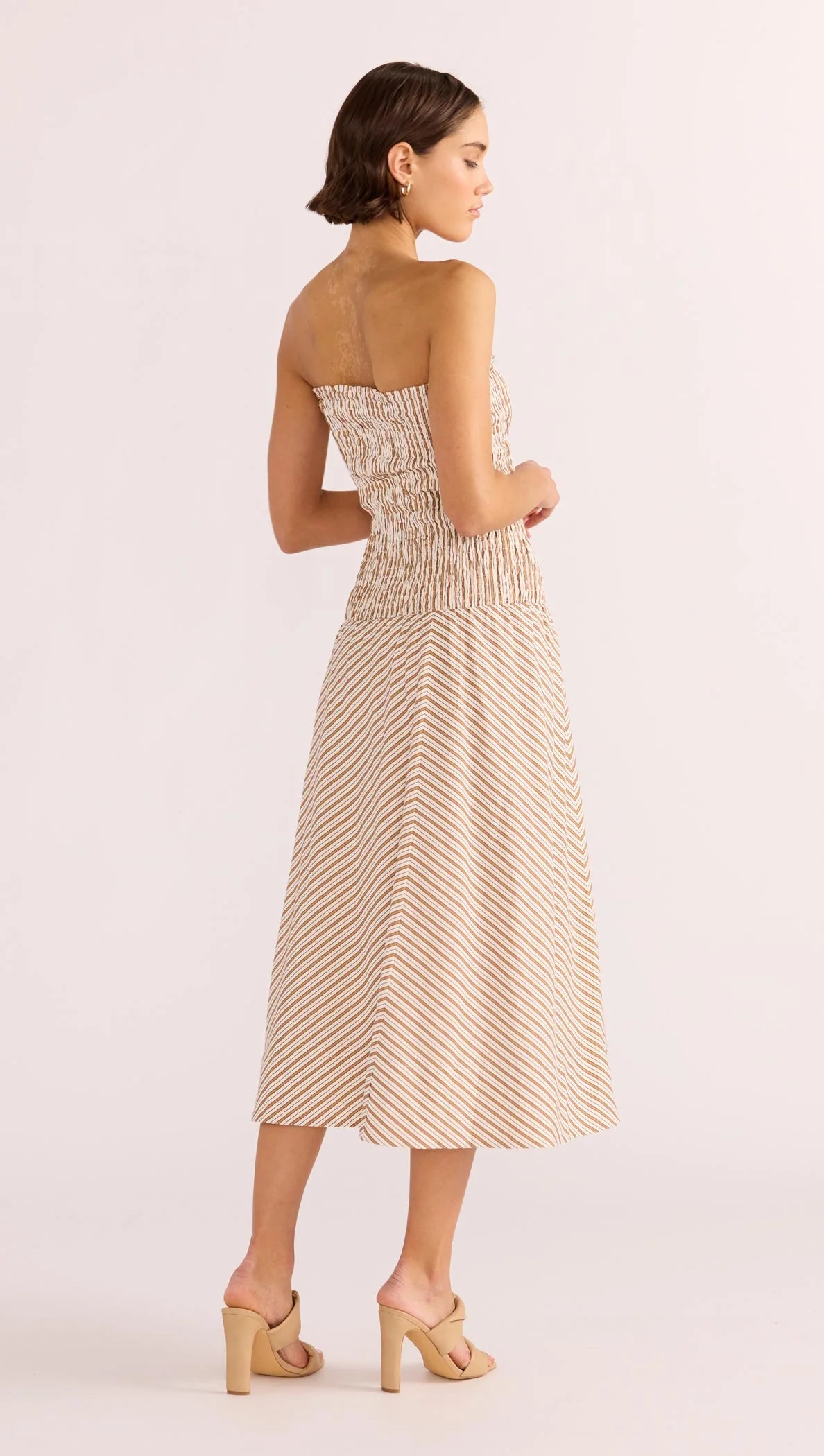 MINKPINK Artemis Shirred Midi Dress Tan Stripe
