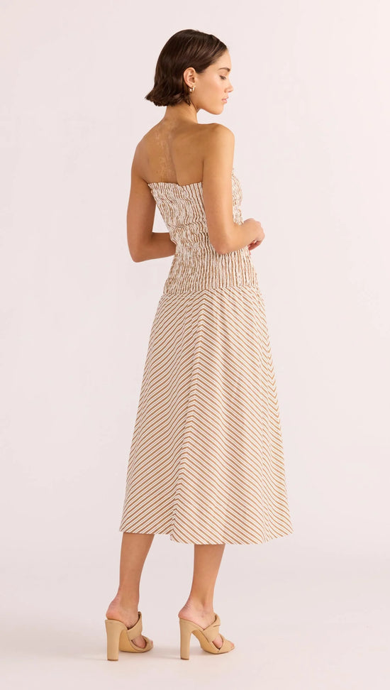 Load image into Gallery viewer, MINKPINK Artemis Shirred Midi Dress Tan Stripe
