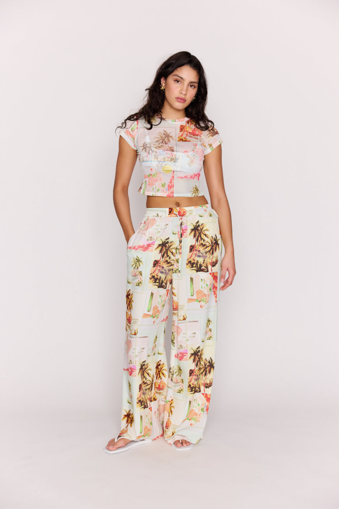 MINKPINK Dolce Drawstring Pants Vintage Postcards