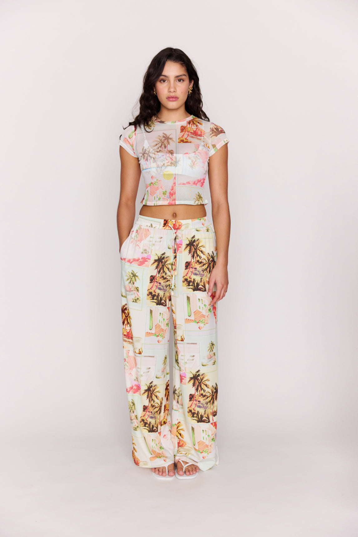 MINKPINK Dolce Drawstring Pants Vintage Postcards