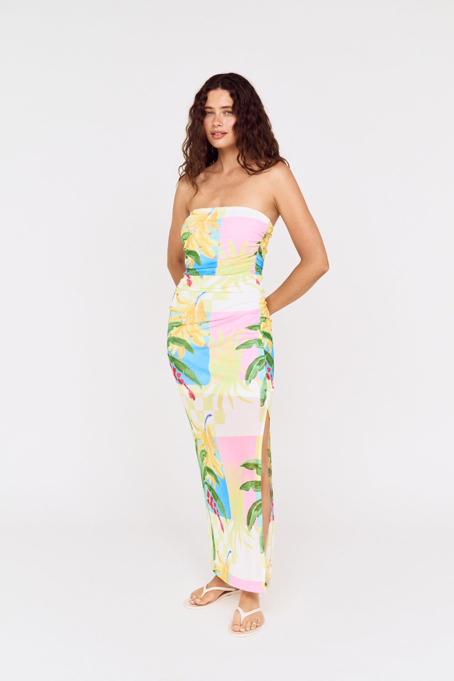 MINKPINK Palmira Strapless Mesh Midi Dress Palm Print