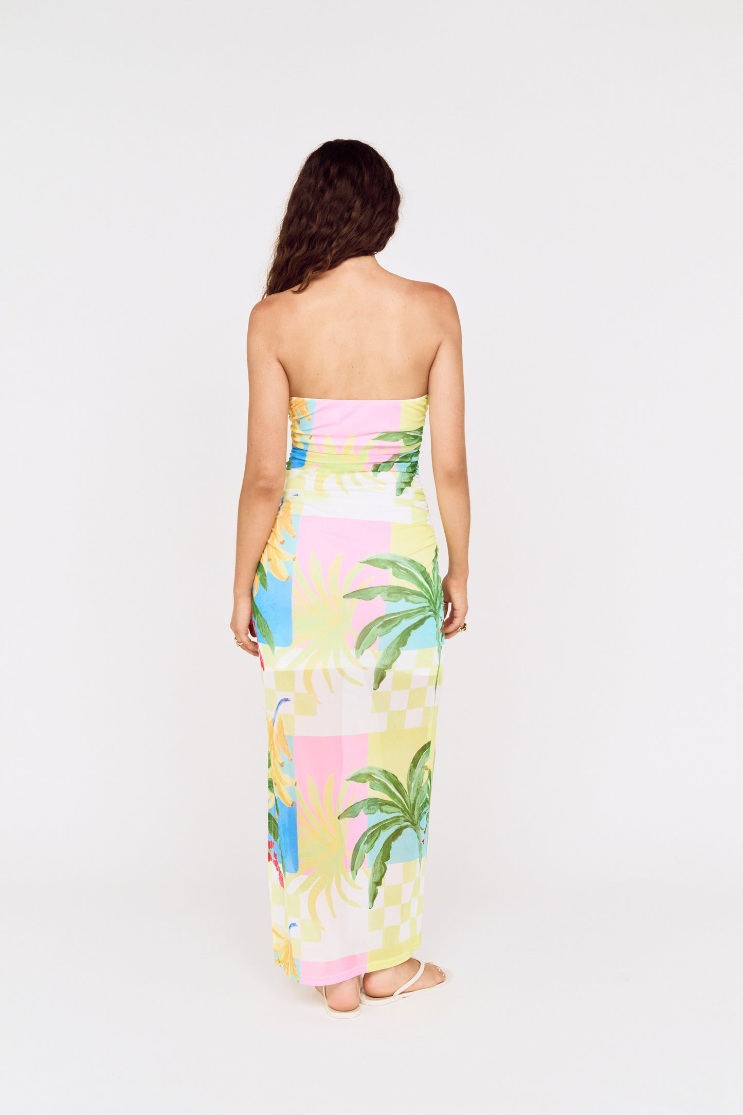 MINKPINK Palmira Strapless Mesh Midi Dress Palm Print