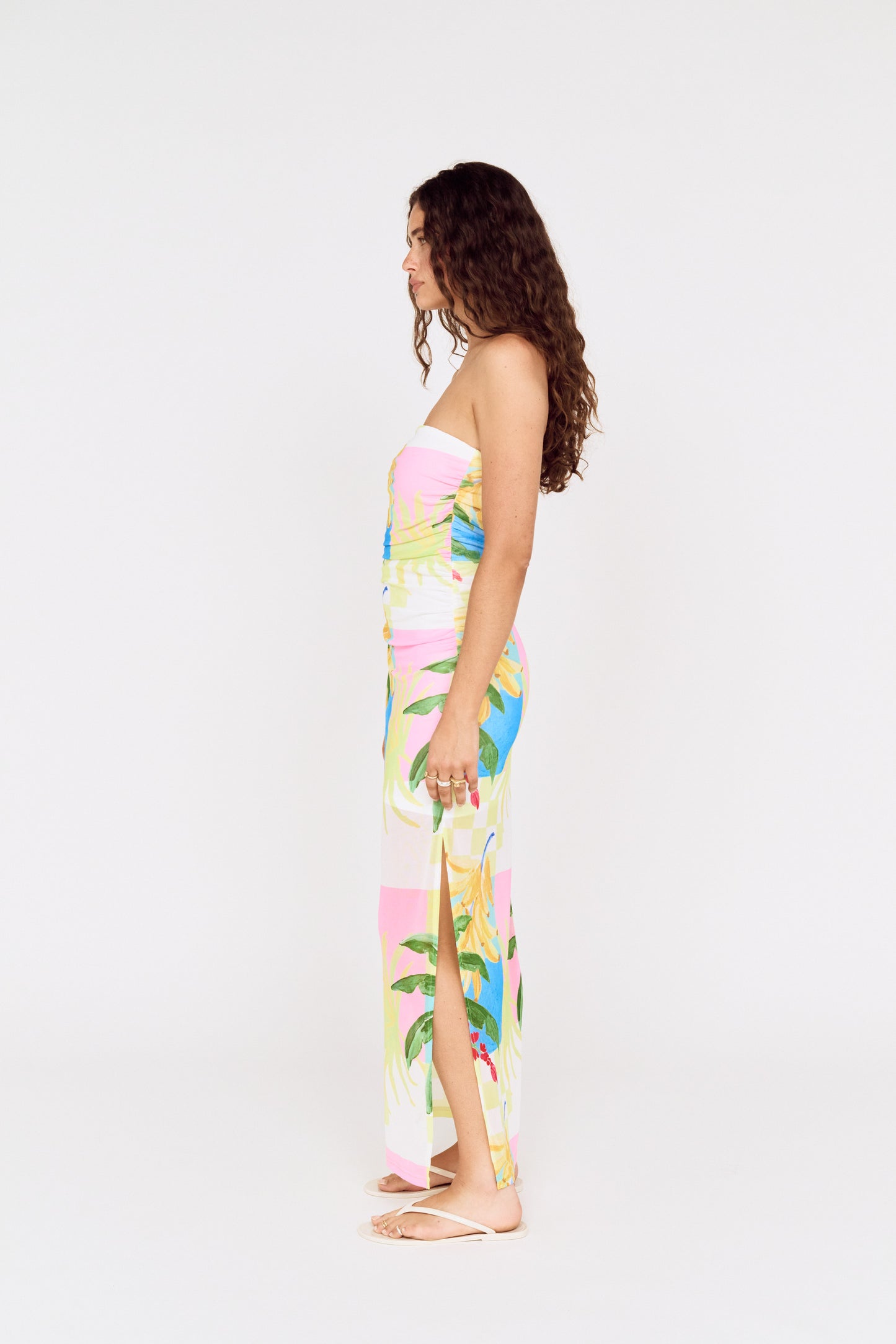 MINKPINK Palmira Strapless Mesh Midi Dress Palm Print