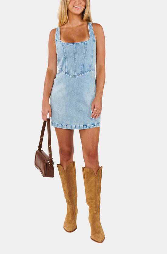Load image into Gallery viewer, Show Me Your Mumu Denim Corset Mini Dress Misty Morning
