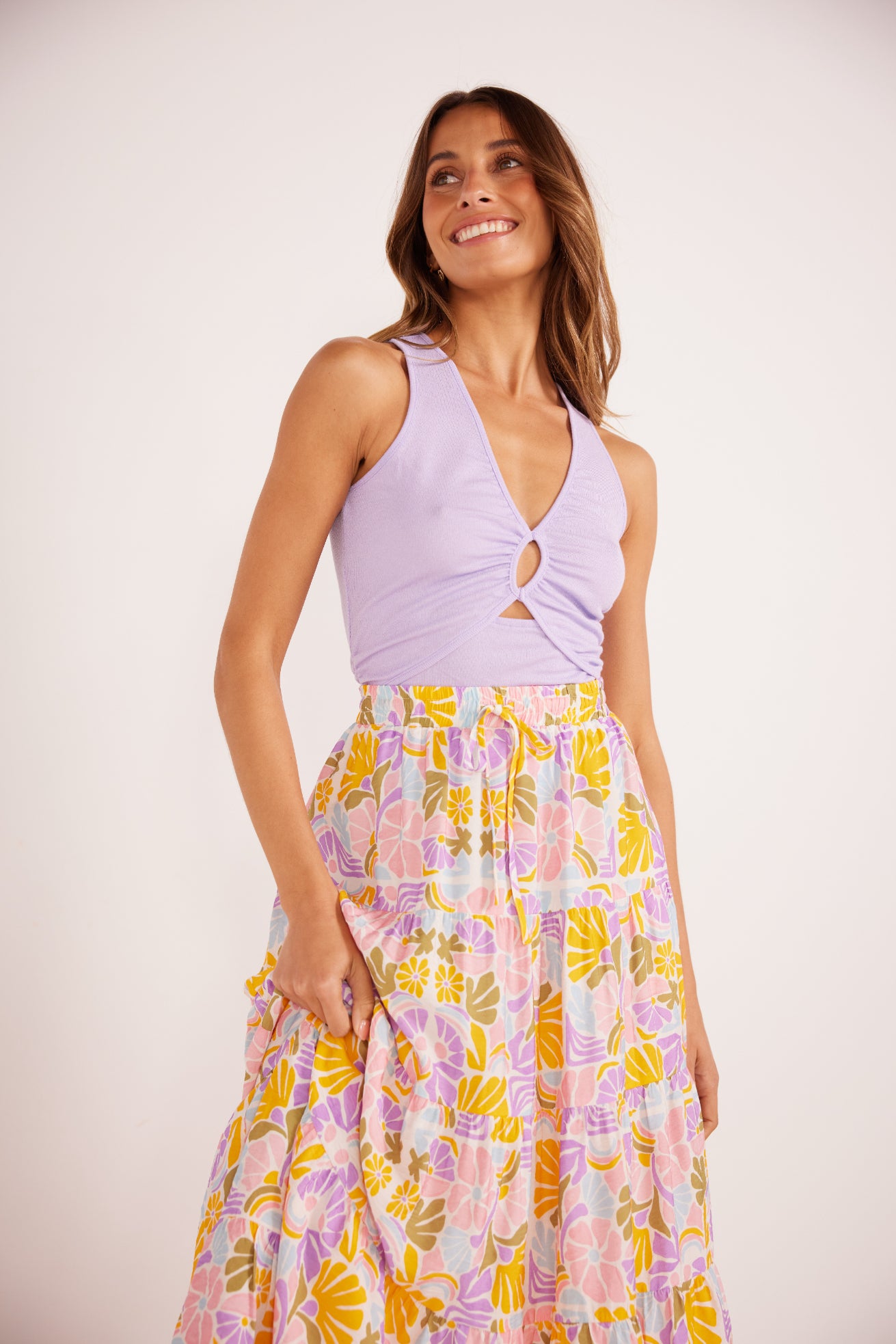 Mink Pink Soleil Tiered Flowy Midi Skirt Retro Floral