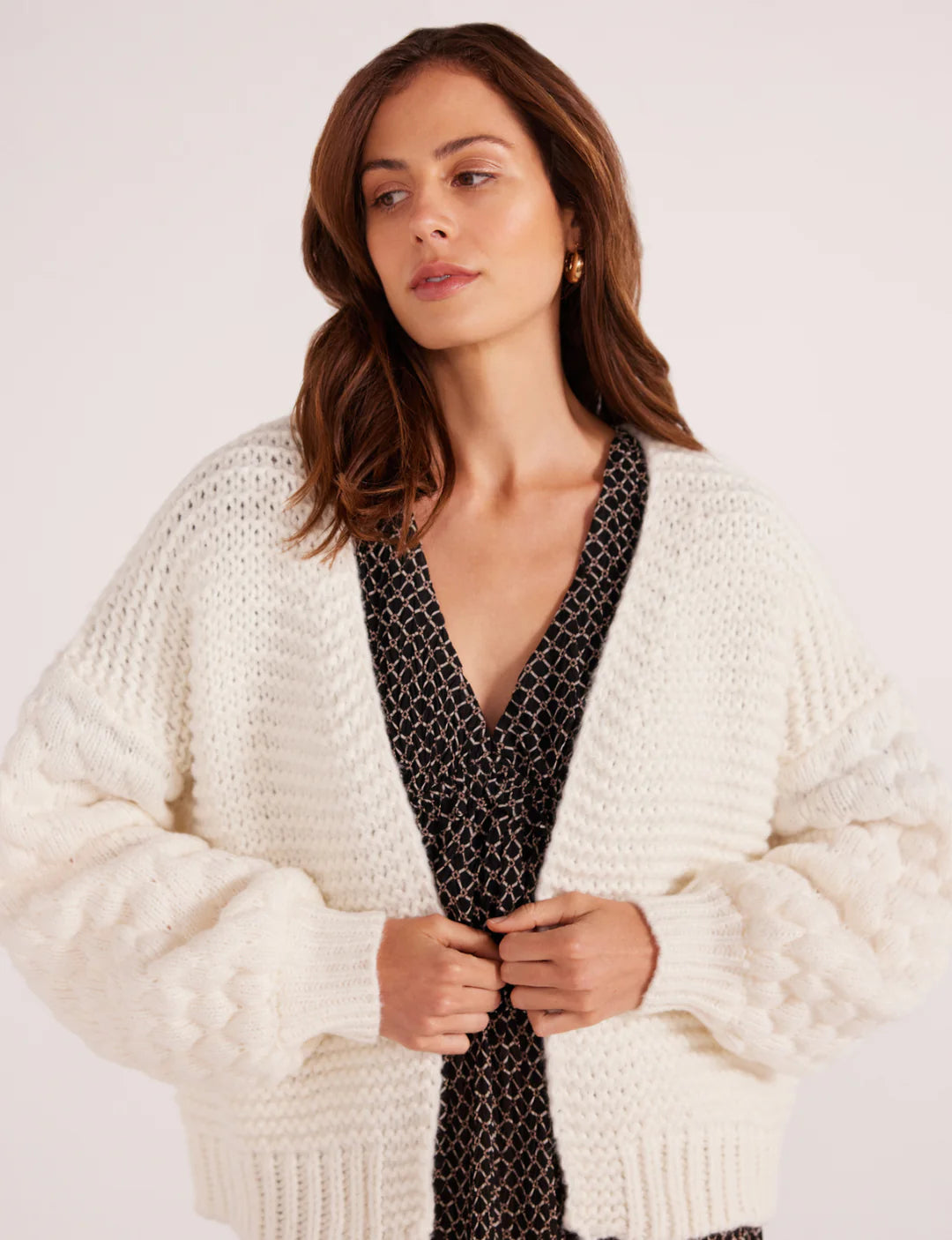 Mink Pink Abby Textured Knit Cardigan Cream