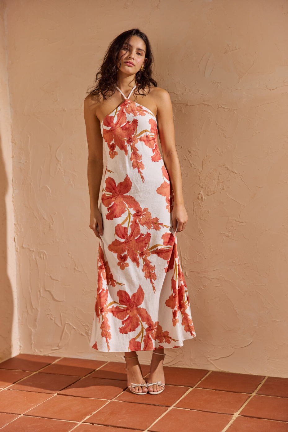 MINKPINK Isla Halter Maxi Dress Peach Floral