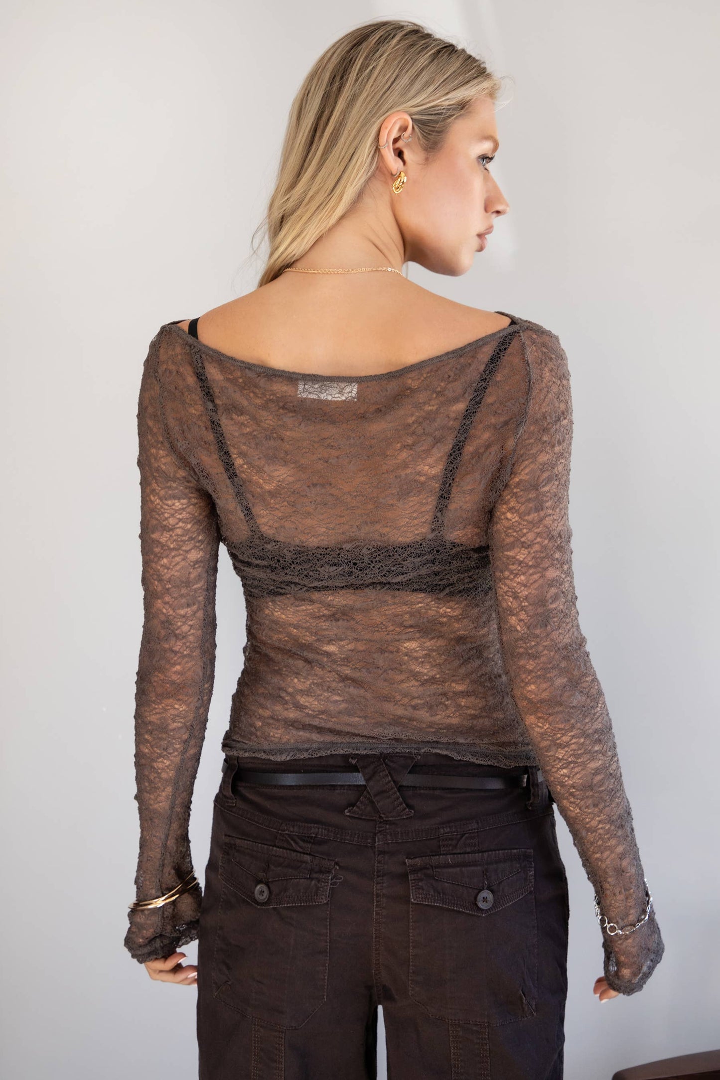 Mirelle Boat Neck Sheer Lace L/S Top Brown