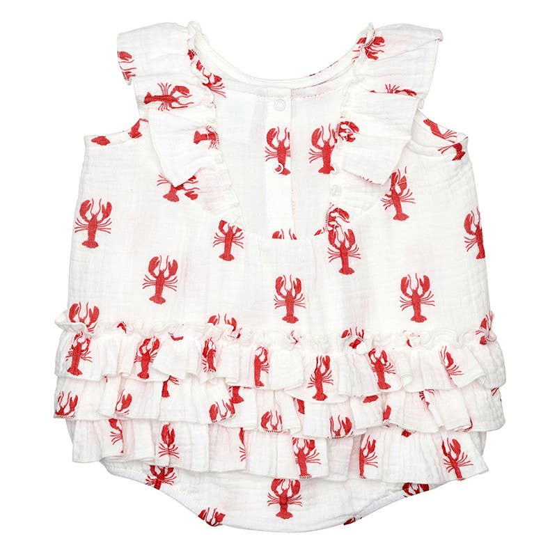 Sleeveless Bubble Romper with Ruffles - Lobster