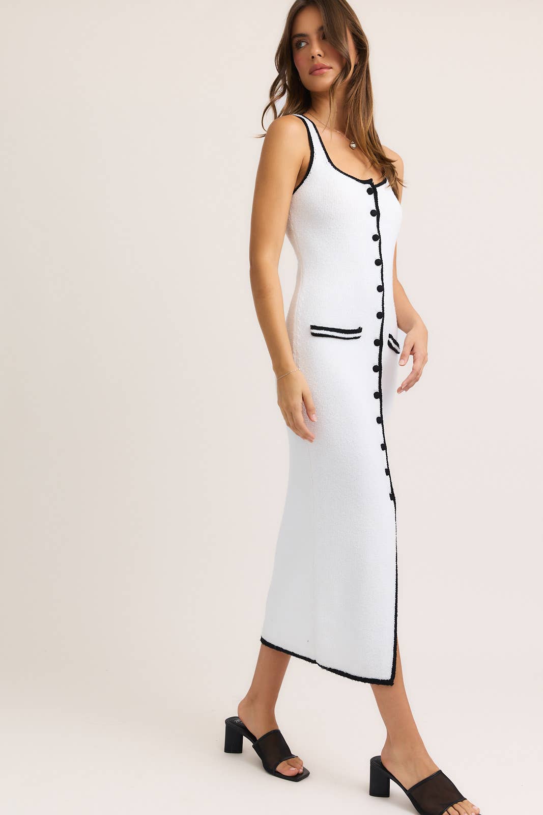 BUTTON UP SLEEVELESS MAXI KNIT DRESS