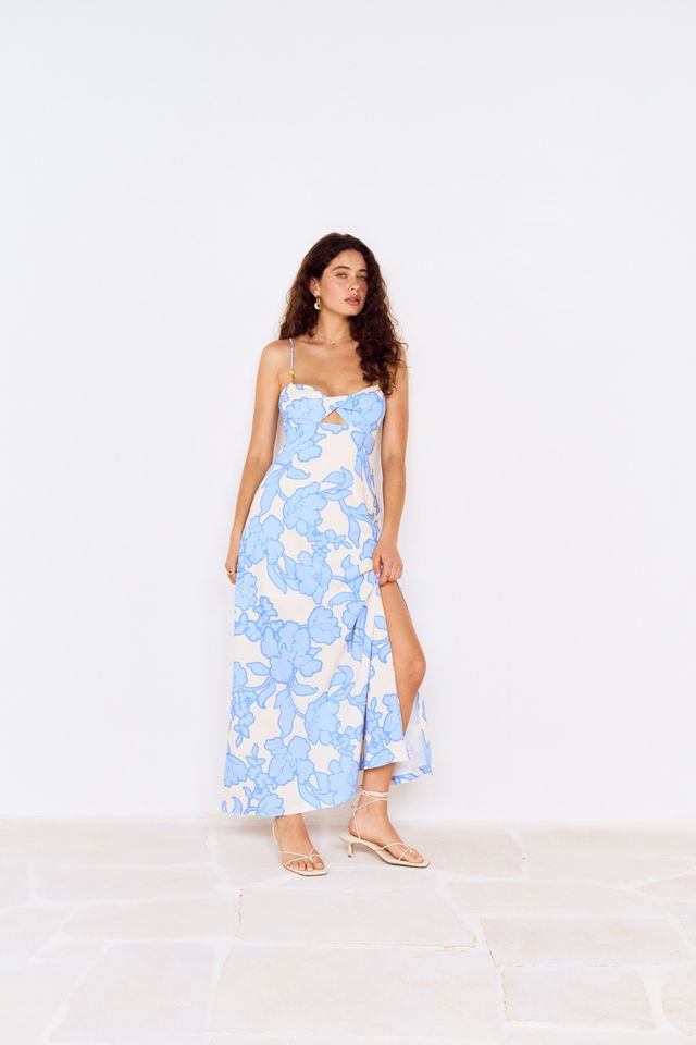 MINKPINK Alessia Twist Front Midi Dress Blue Floral