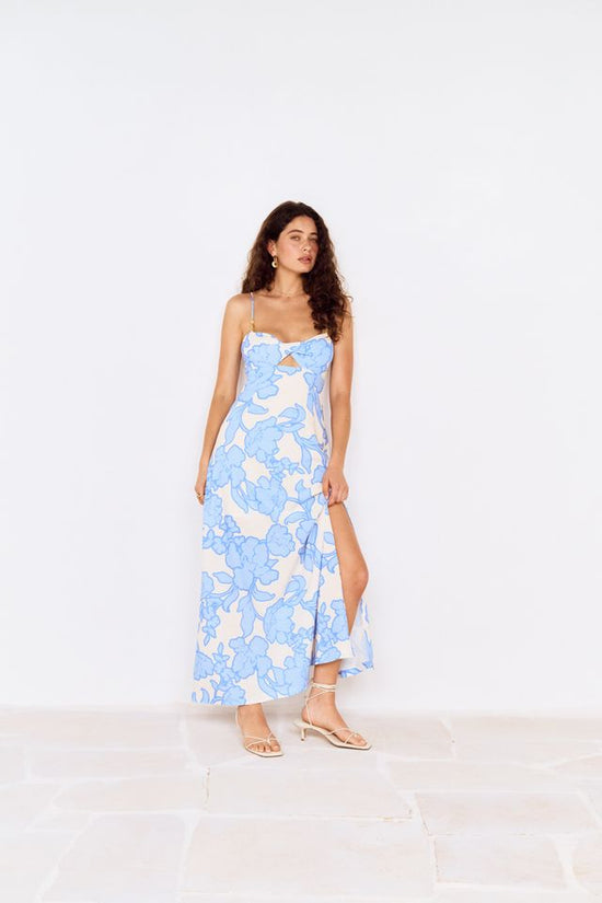 twist front midi dress MINKPINK Alessia Twist Front Midi Dress Blue Floral M